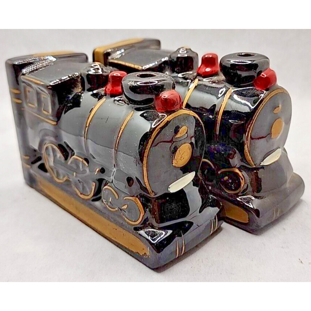 Locomotive Pair Bookends Vintage Made Japan Hand Painted Black Gold U190